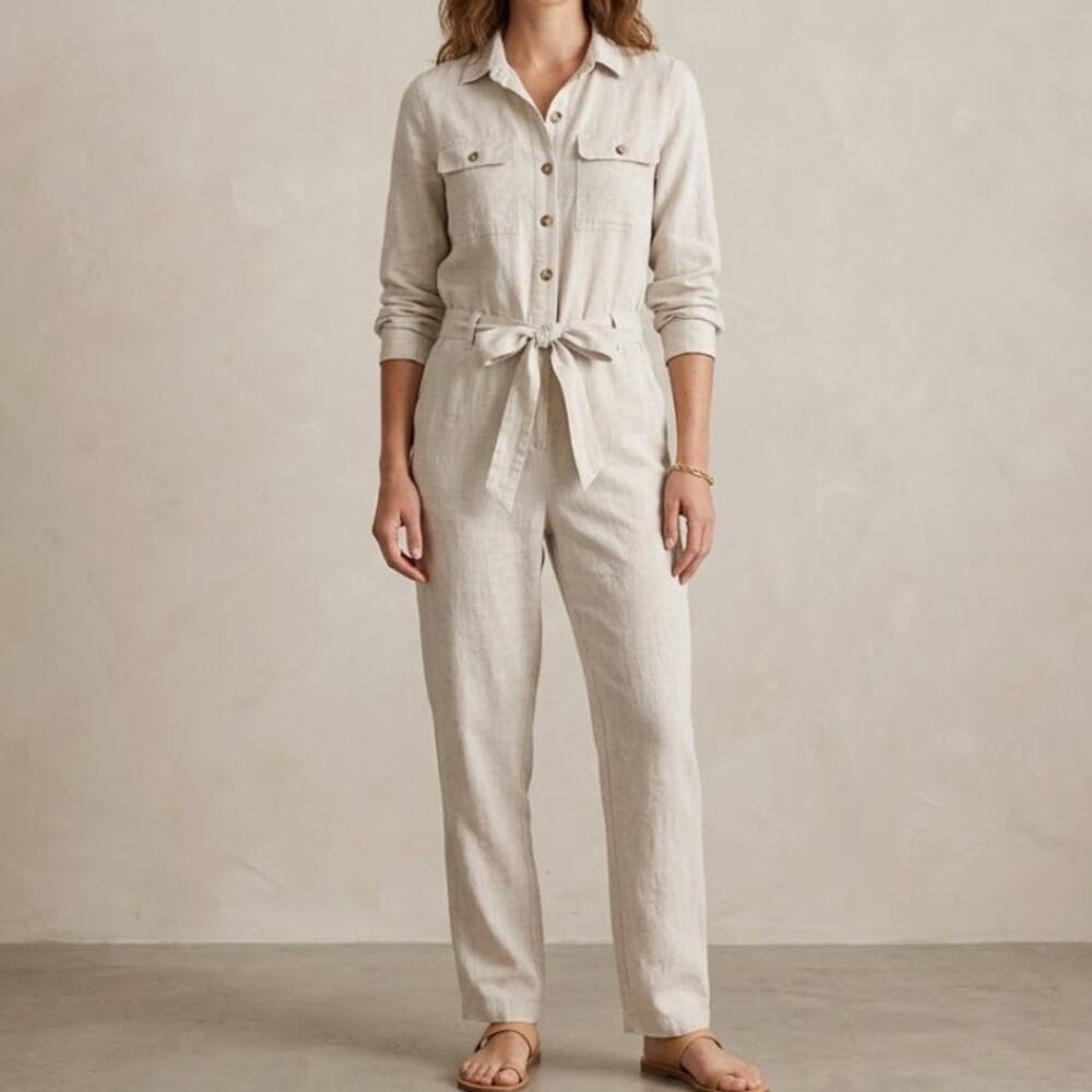 Saks Fifth Avenue Jumpsuit Womens M Natural Linen Long Sleeve Shirt Utility